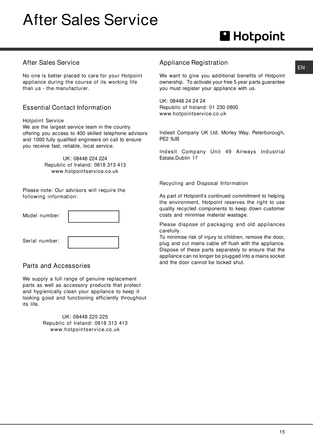 Hotpoint Dishwasher After Sales Service, Essential Contact Information, Parts and Accessories, Appliance Registration 