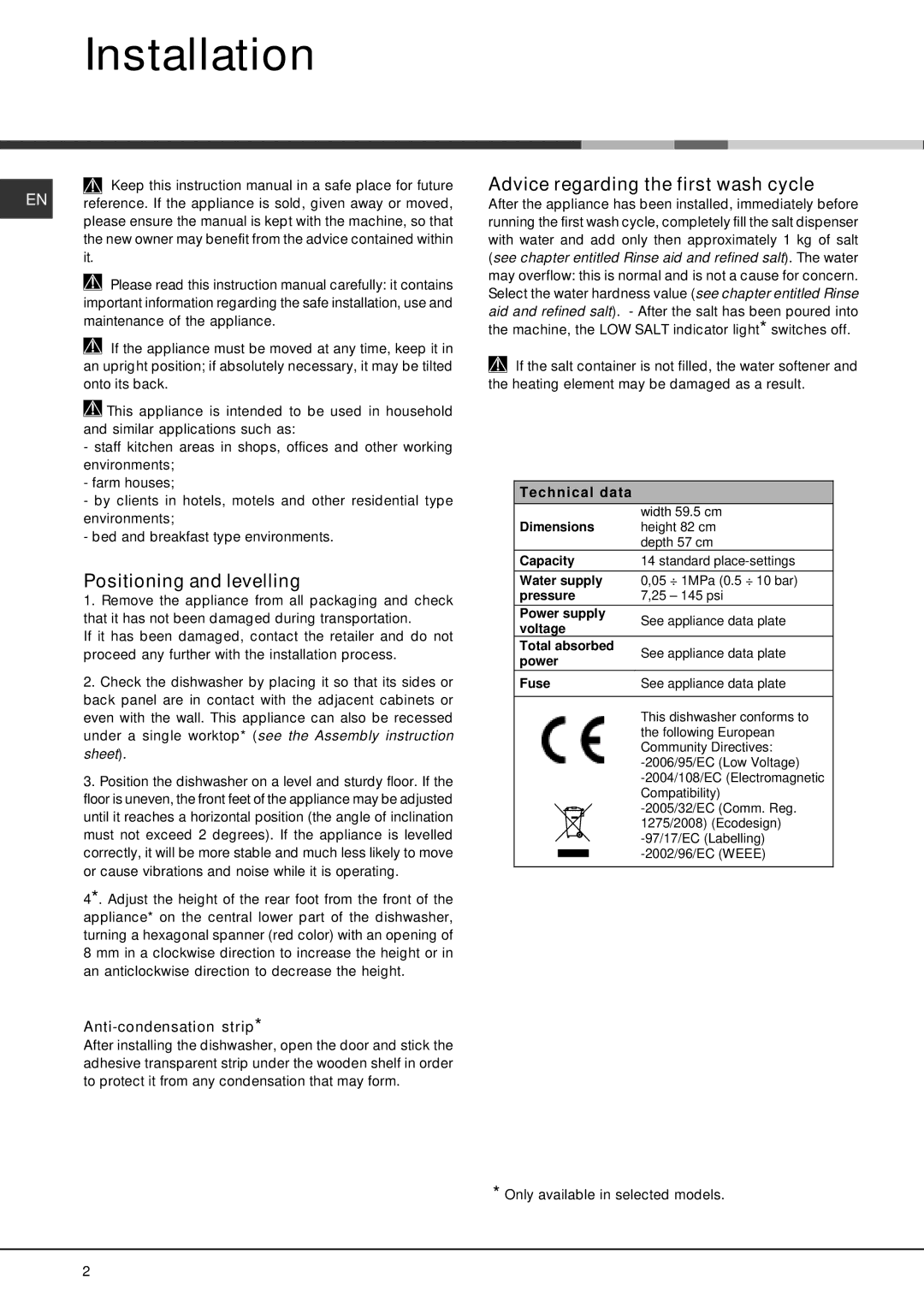 Hotpoint LFT 2284 Installation, Advice regarding the first wash cycle, Positioning and levelling, Anti-condensation strip 