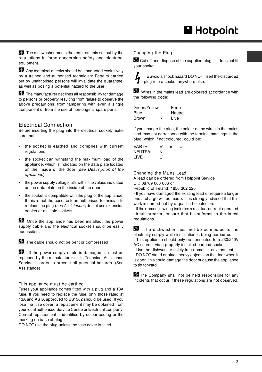 Hotpoint Dishwasher Electrical Connection, Changing the Plug, This appliance must be earthed, Changing the Mains Lead 