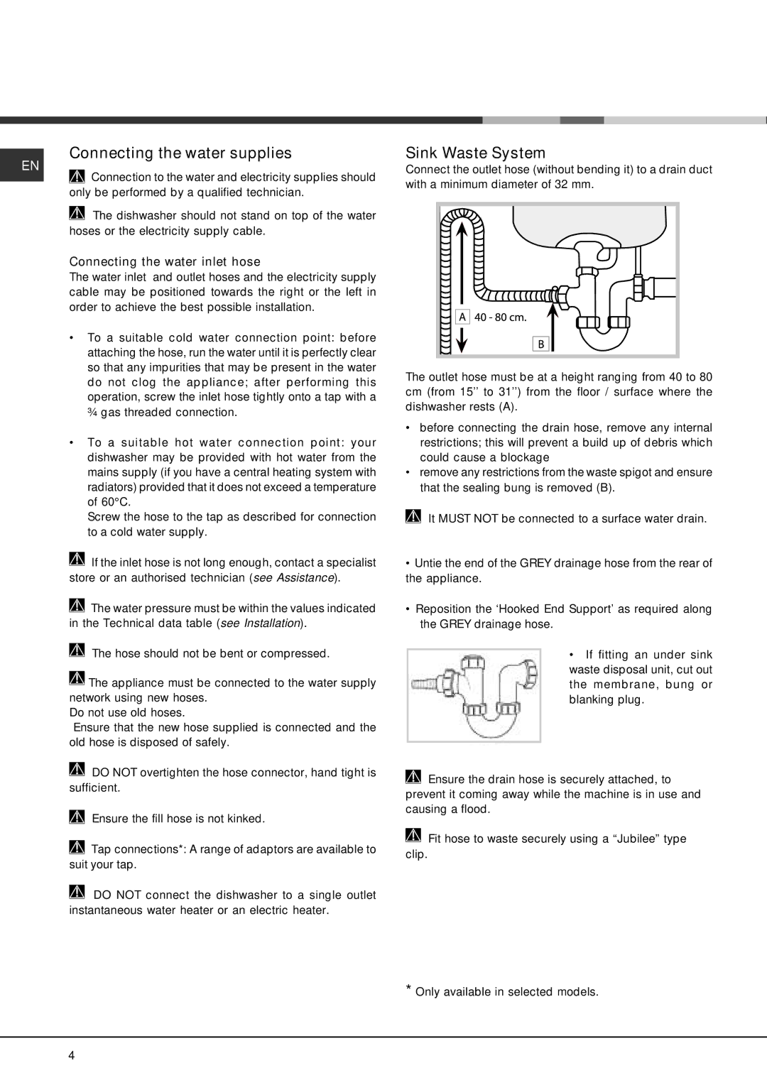 Hotpoint LFT 2284, Dishwasher manual Connecting the water supplies, Sink Waste System, Connecting the water inlet hose 