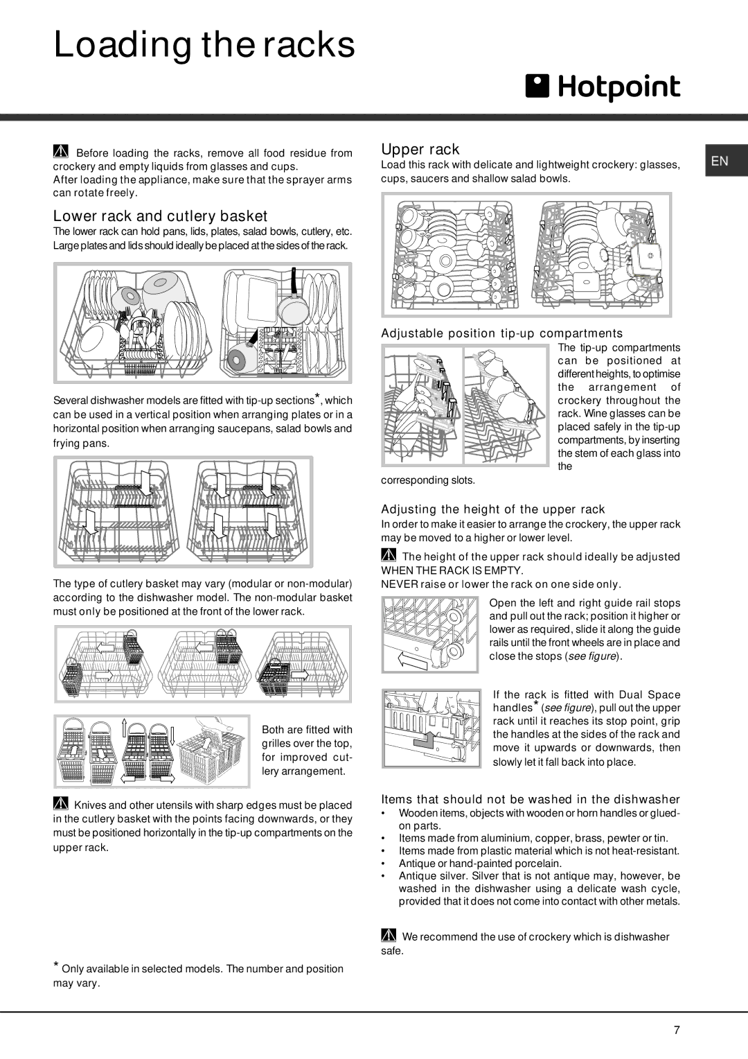 Hotpoint Dishwasher, LFT 2284 manual Loading the racks, Lower rack and cutlery basket, Upper rack 