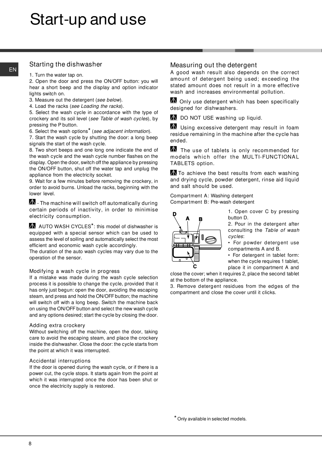 Hotpoint LFT 2284, Dishwasher manual Start-up and use, Starting the dishwasher, Measuring out the detergent 