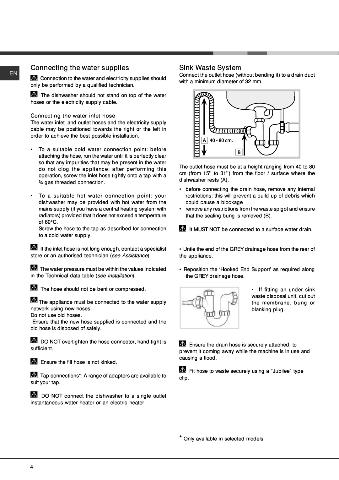 Hotpoint LFT 2284, Dishwasher manual Connecting the water supplies, Sink Waste System, Connecting the water inlet hose 