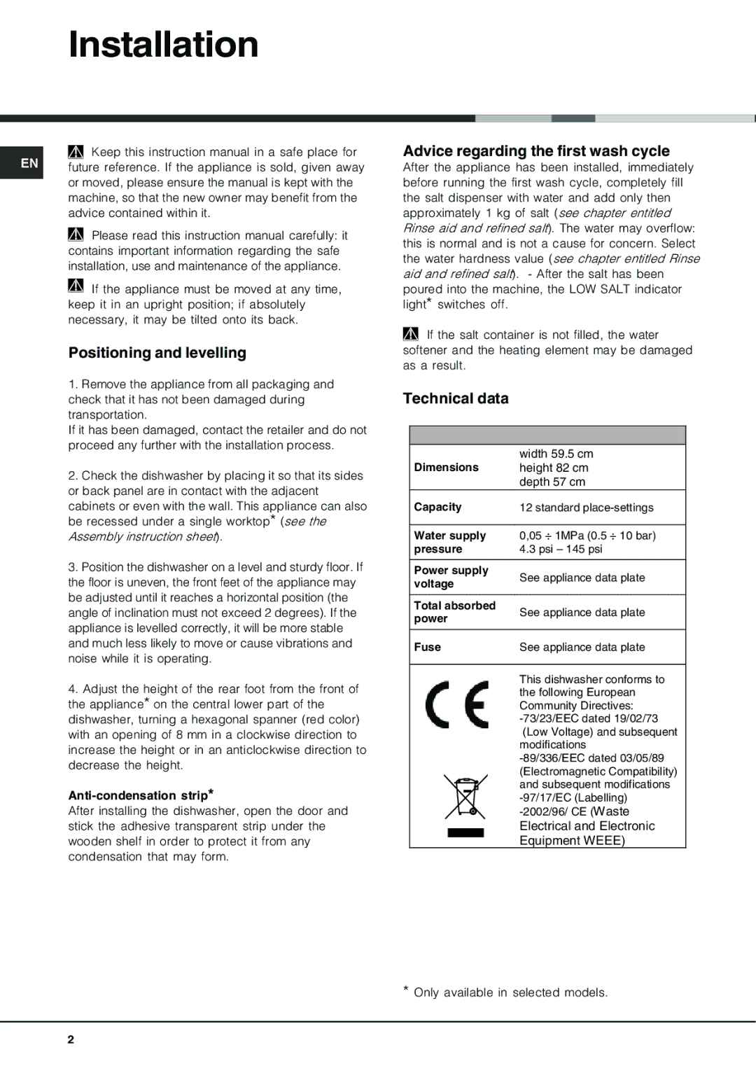 Hotpoint LFT 321 manual Installation, Positioning and levelling, Advice regarding the first wash cycle, Technical data 