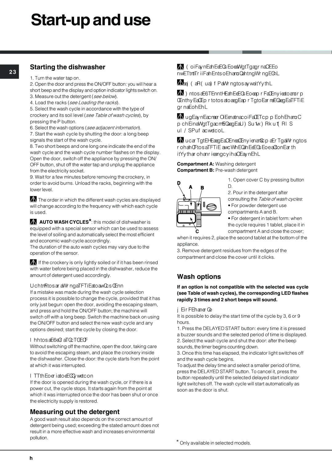 Hotpoint LFT 321 manual Start-up and use, Starting the dishwasher, Measuring out the detergent, Wash options 