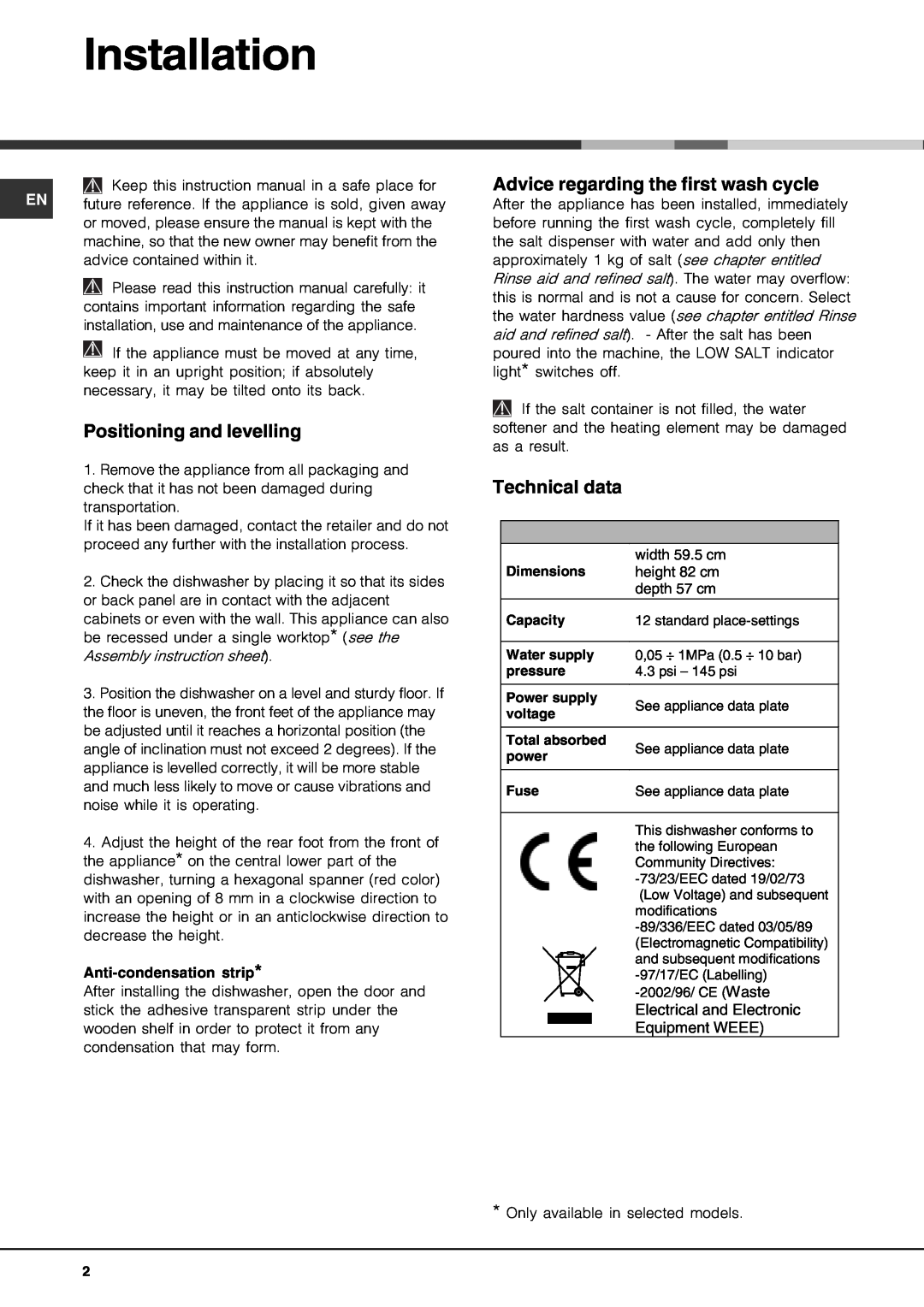 Hotpoint LFT 321 manual Installation, Positioning and levelling, Advice regarding the first wash cycle, Technical data 