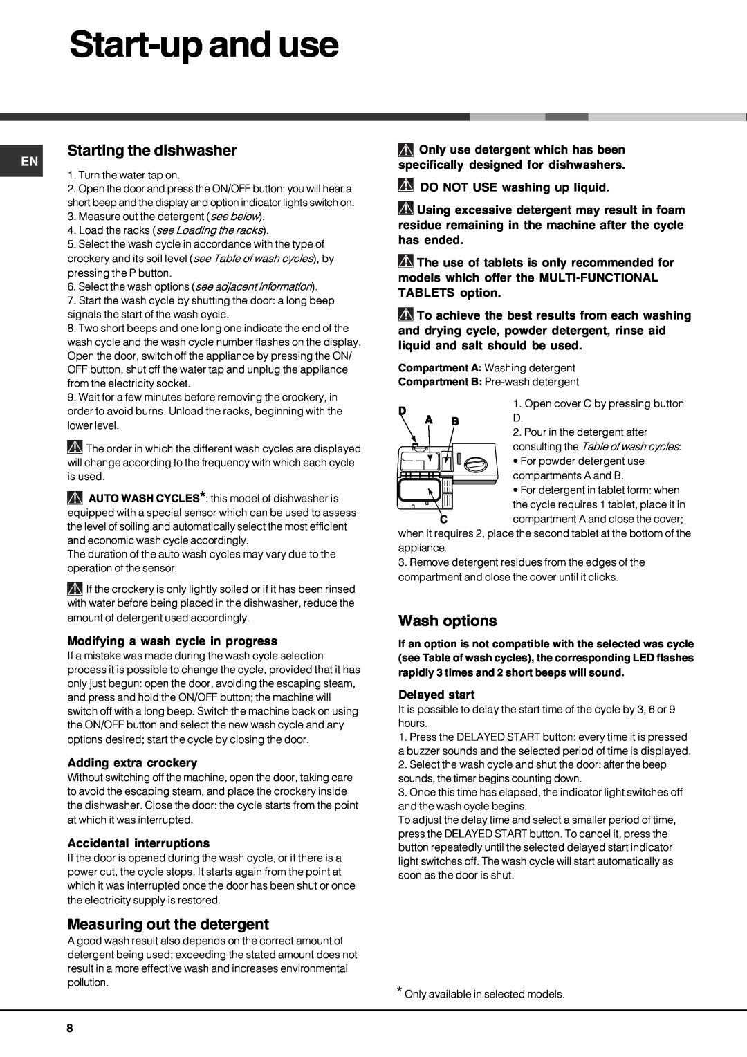 Hotpoint LFT 321 manual Start-upand use, Starting the dishwasher, Measuring out the detergent, Wash options 