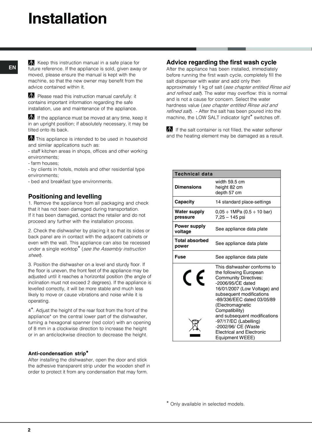 Hotpoint lft 3214 Installation, Positioning and levelling, Advice regarding the first wash cycle, Anti-condensation strip 