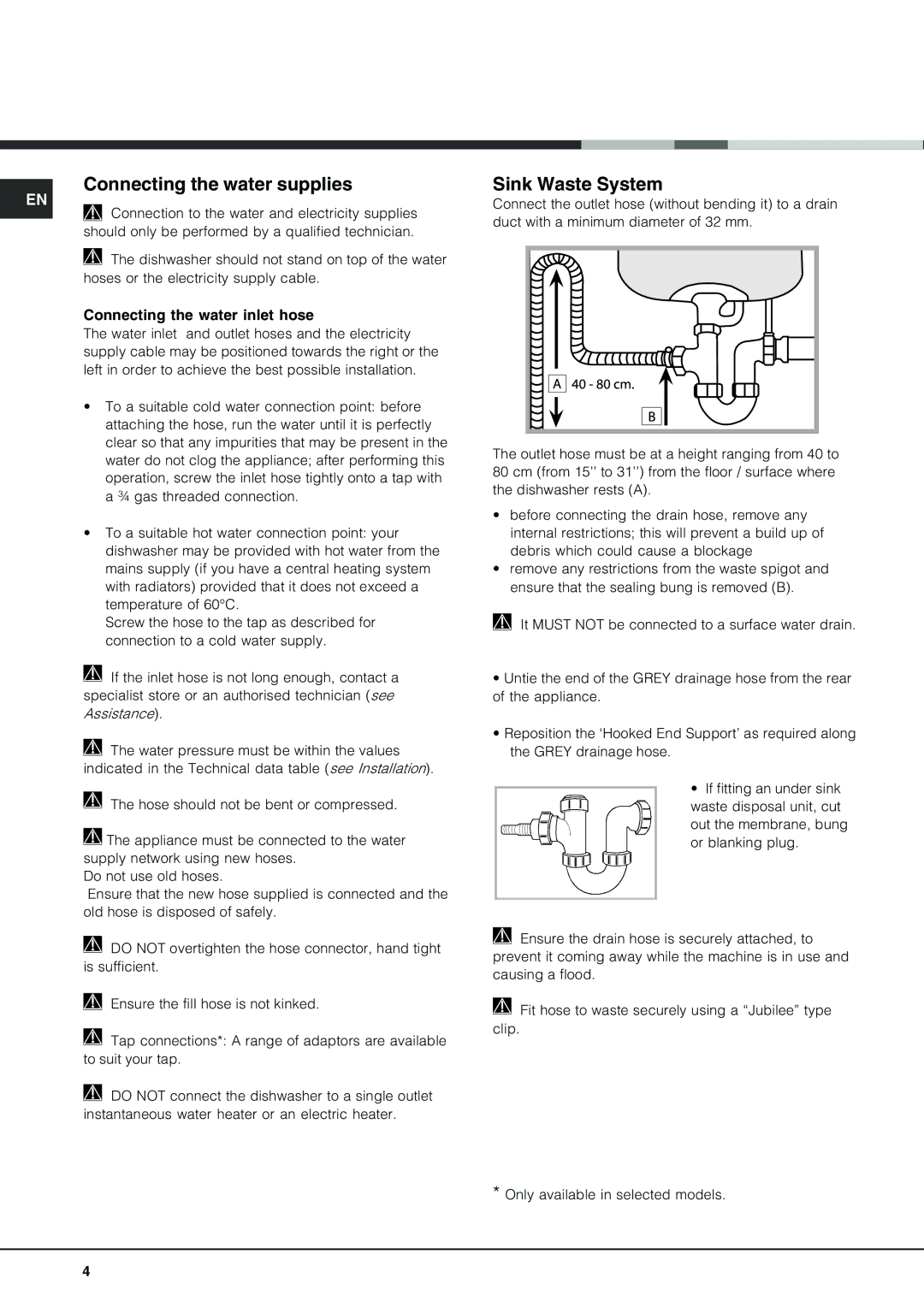 Hotpoint lft 3214 manual Connecting the water supplies, Sink Waste System, Connecting the water inlet hose 