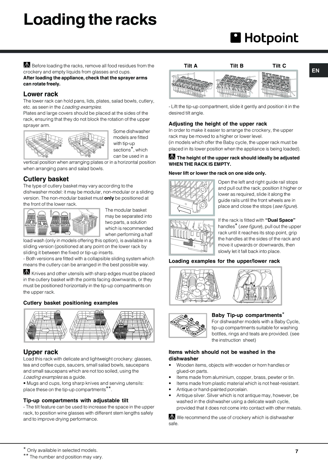 Hotpoint lft 3214 manual Loading the racks, Lower rack, Cutlery basket, Upper rack 