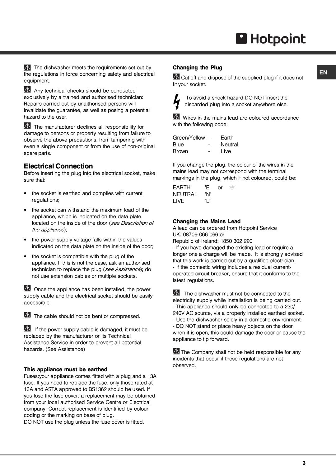 Hotpoint lft 3214 manual Electrical Connection 