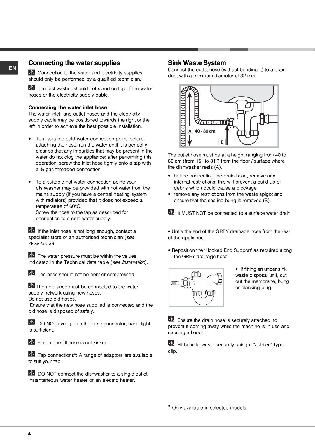 Hotpoint lft 3214 manual Connecting the water supplies, Sink Waste System, Connecting the water inlet hose 