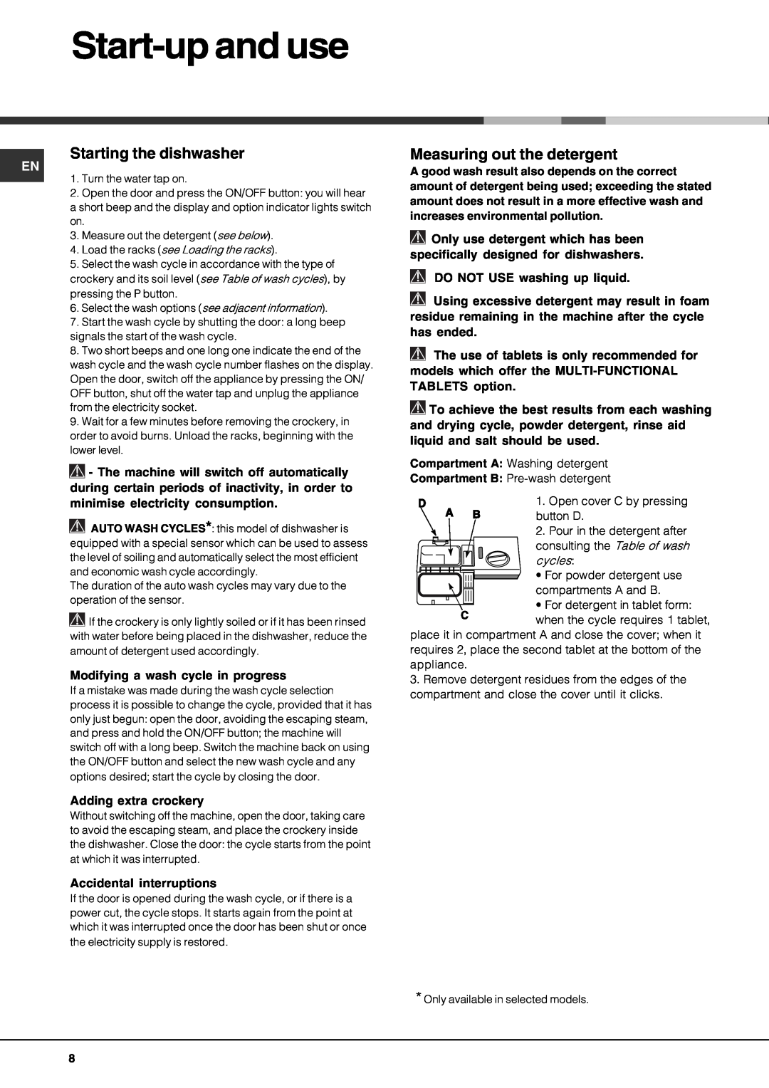 Hotpoint lft 3214 manual Start-upand use, Starting the dishwasher, Measuring out the detergent 