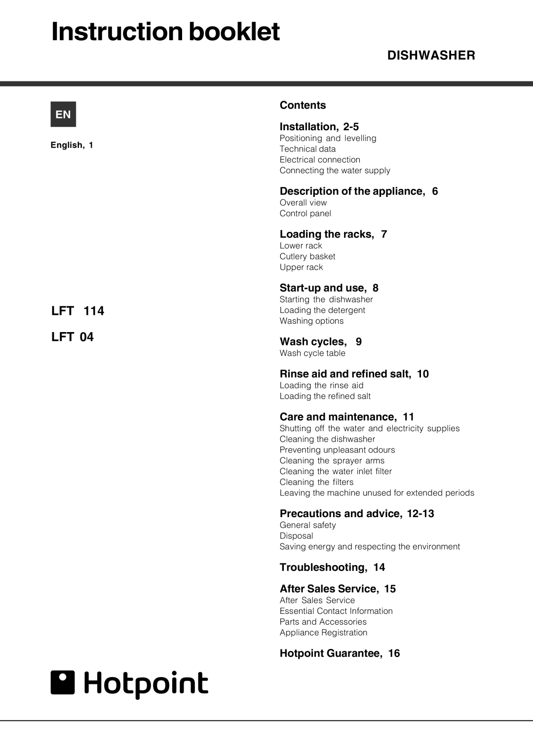 Hotpoint LFT04 manual Instruction booklet 