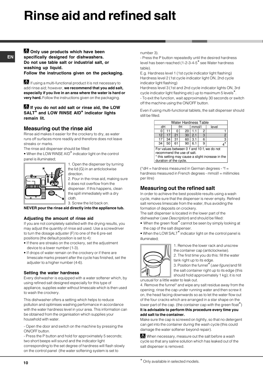 Hotpoint LFT04 manual Rinse aid and refined salt, Measuring out the rinse aid, Measuring out the refined salt 