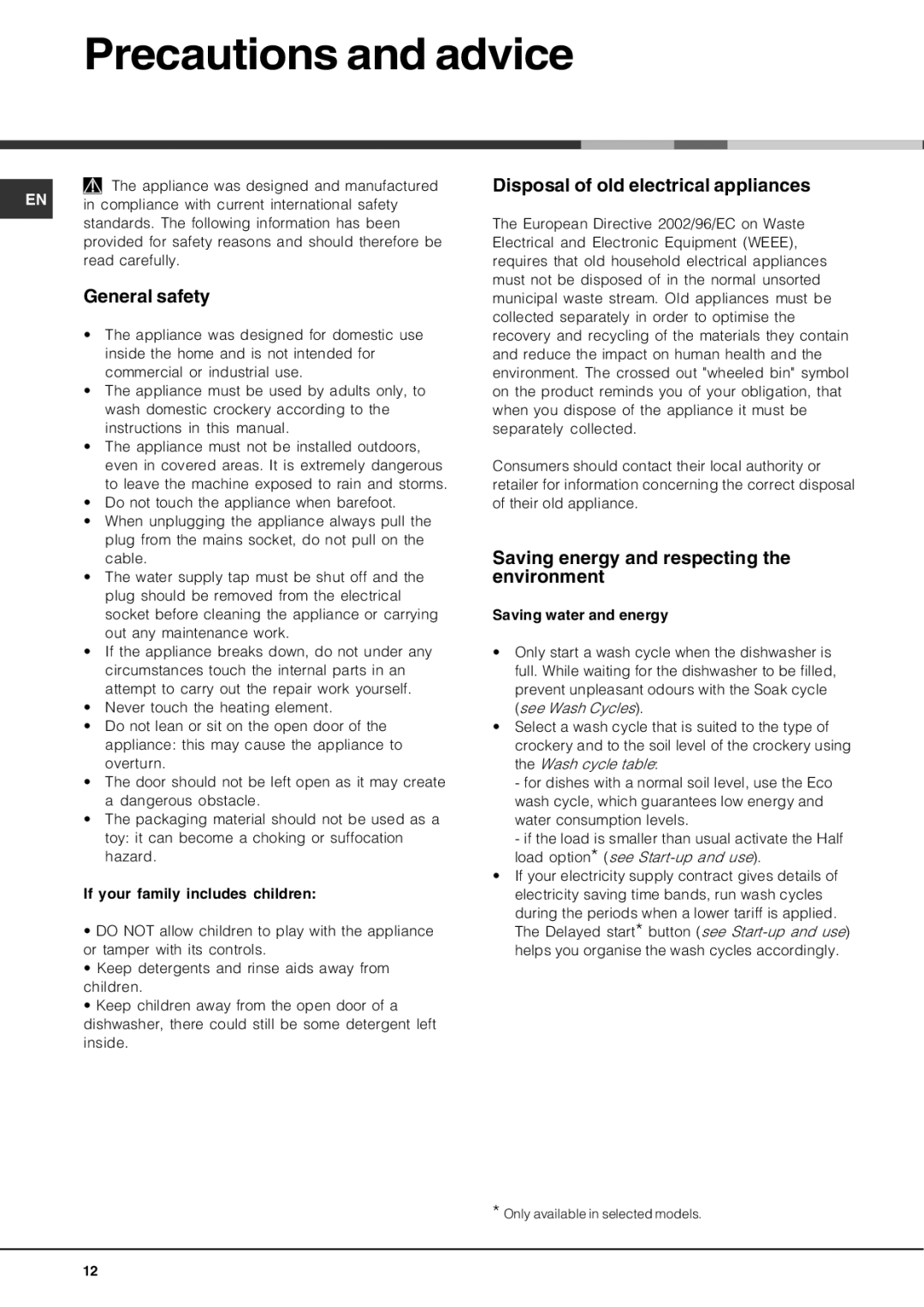 Hotpoint LFT04 manual Precautions and advice, General safety, Disposal of old electrical appliances 