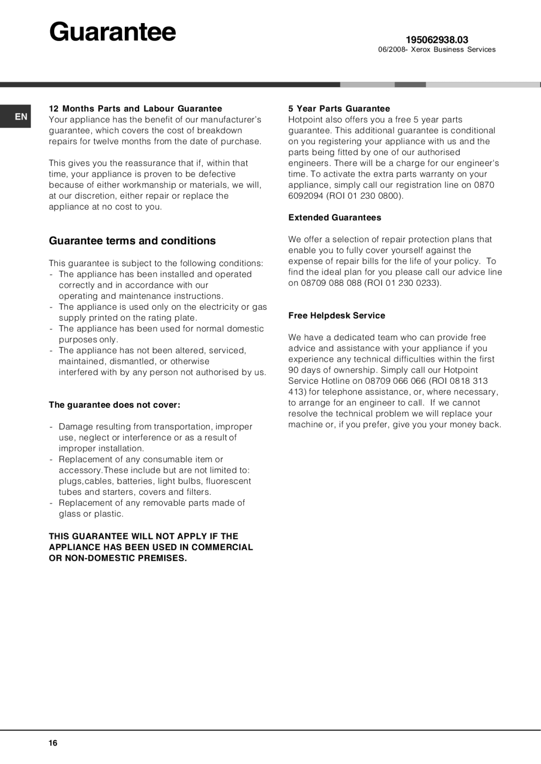 Hotpoint LFT04 manual Guarantee terms and conditions 