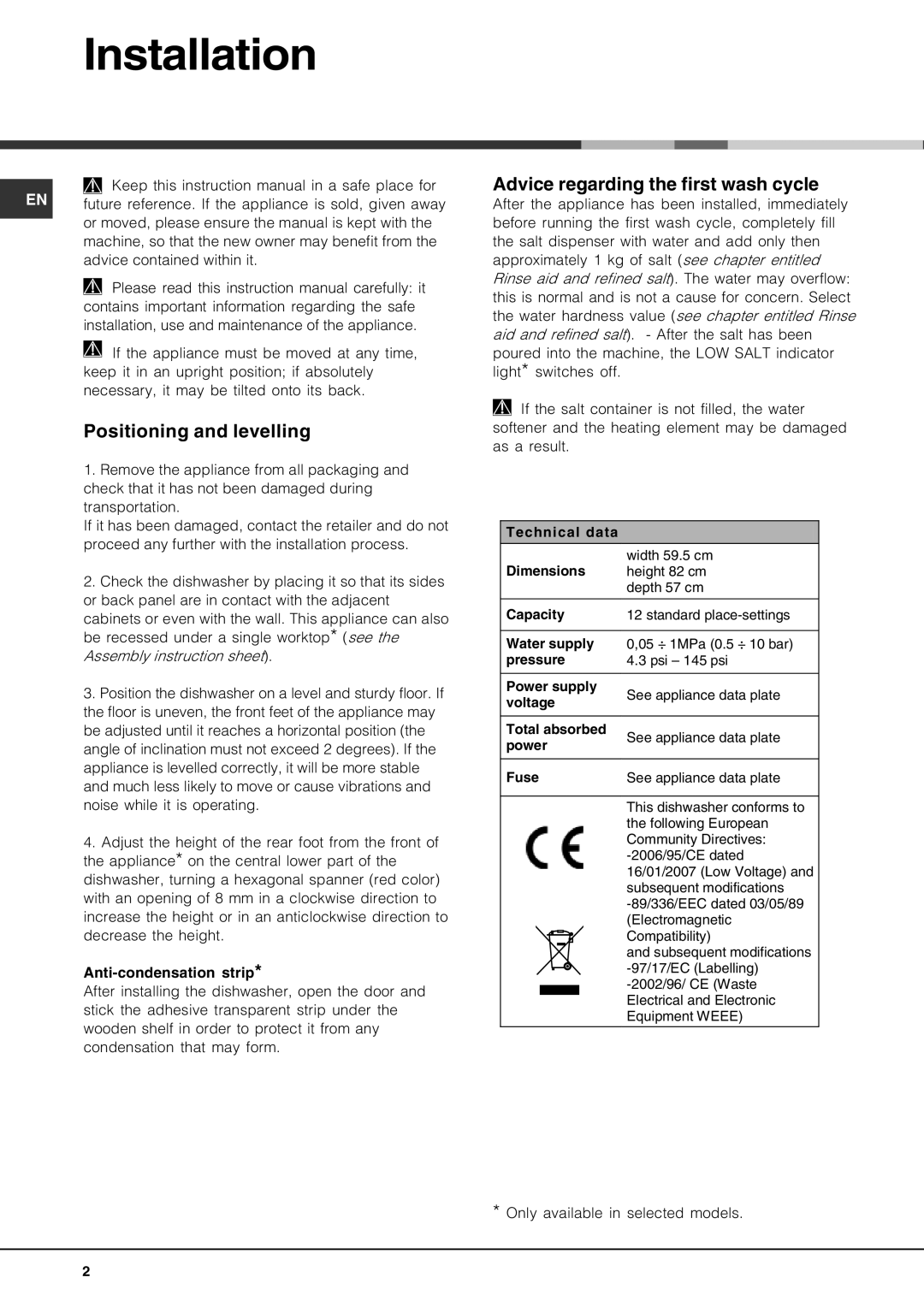 Hotpoint LFT04 manual Installation, Positioning and levelling, Advice regarding the first wash cycle 