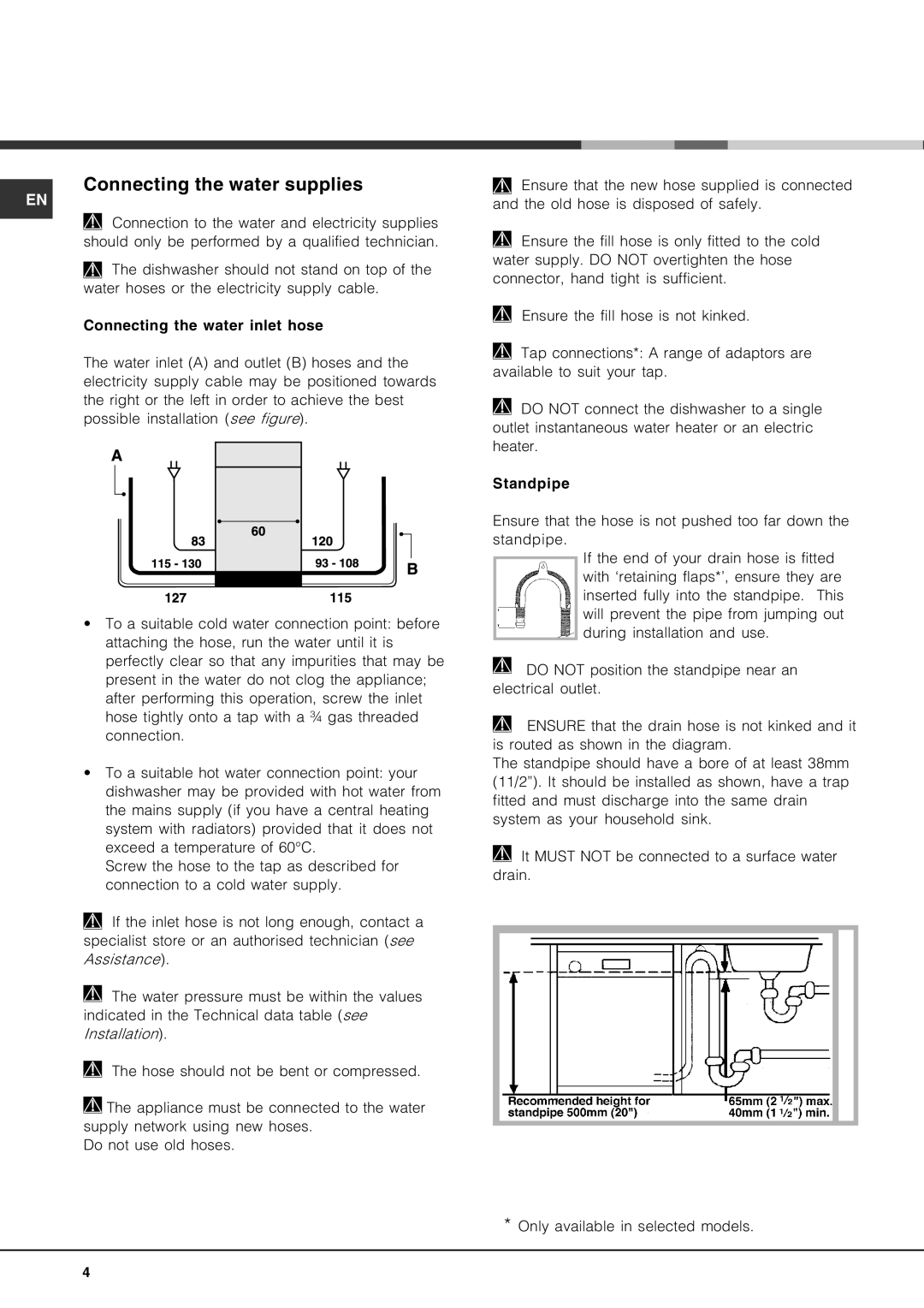 Hotpoint LFT04 manual Connecting the water supplies 