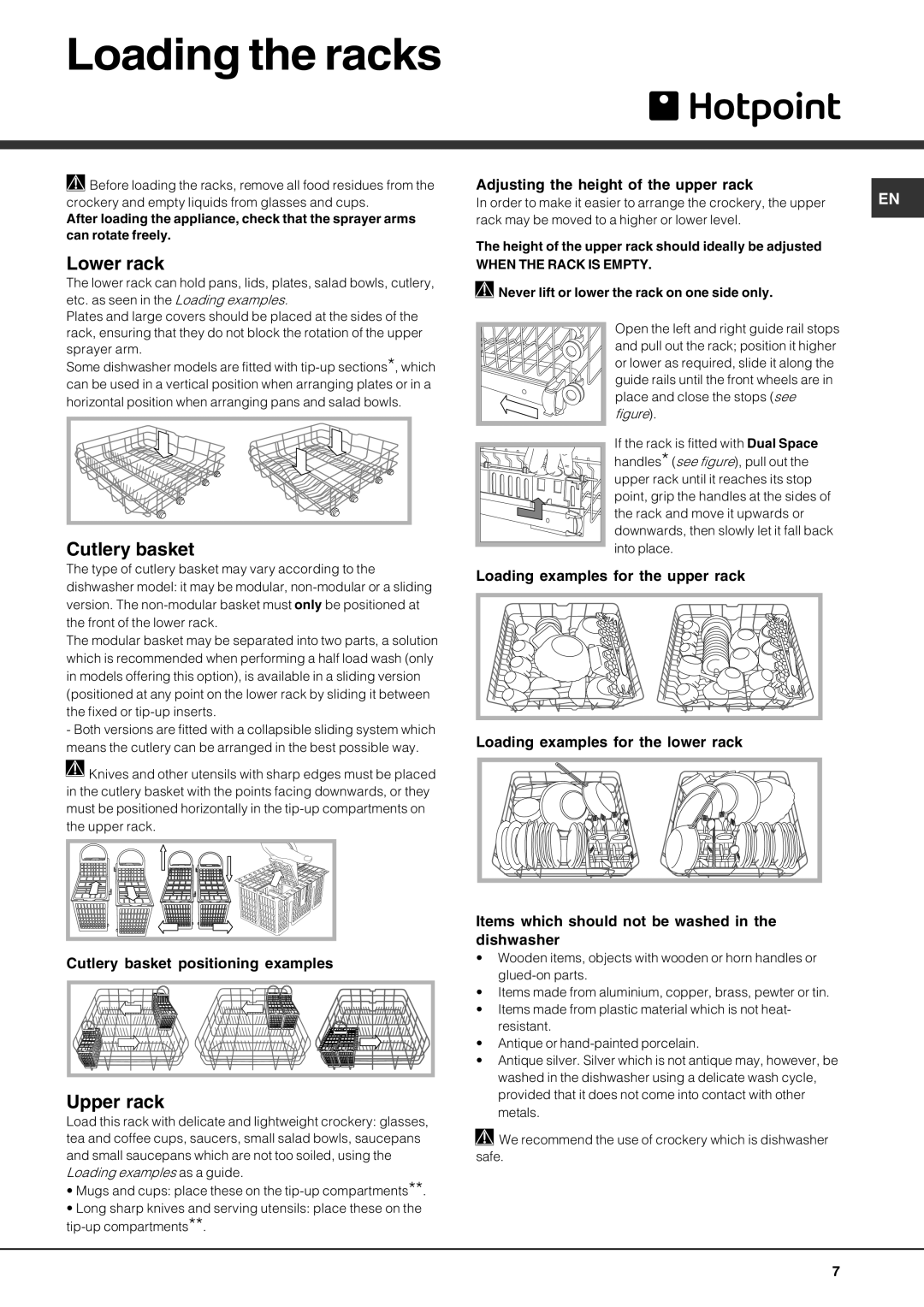 Hotpoint LFT04 manual Loading the racks, Lower rack, Cutlery basket, Upper rack 