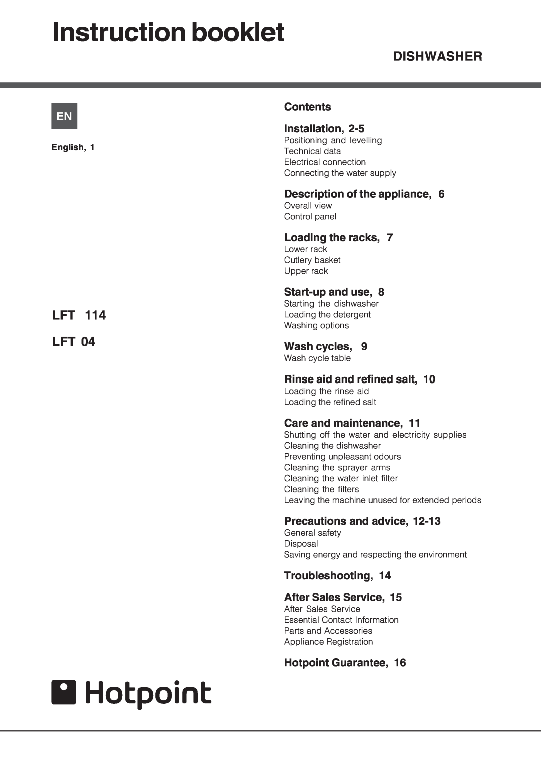 Hotpoint LFT04 manual Instruction booklet, Dishwasher, Lft Lft 