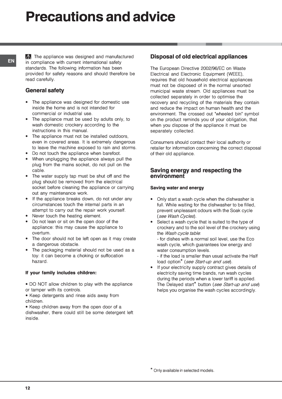 Hotpoint LFT04 manual Precautions and advice, General safety, Disposal of old electrical appliances 