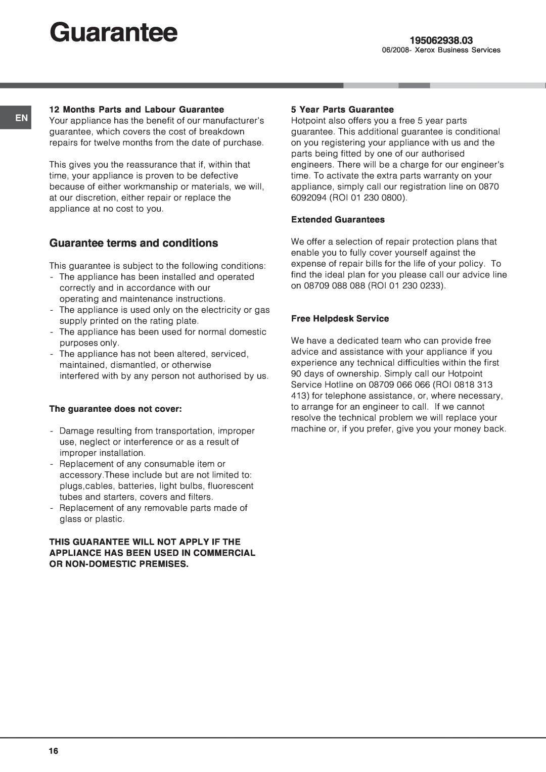 Hotpoint LFT04 manual Guarantee terms and conditions, 195062938.03 