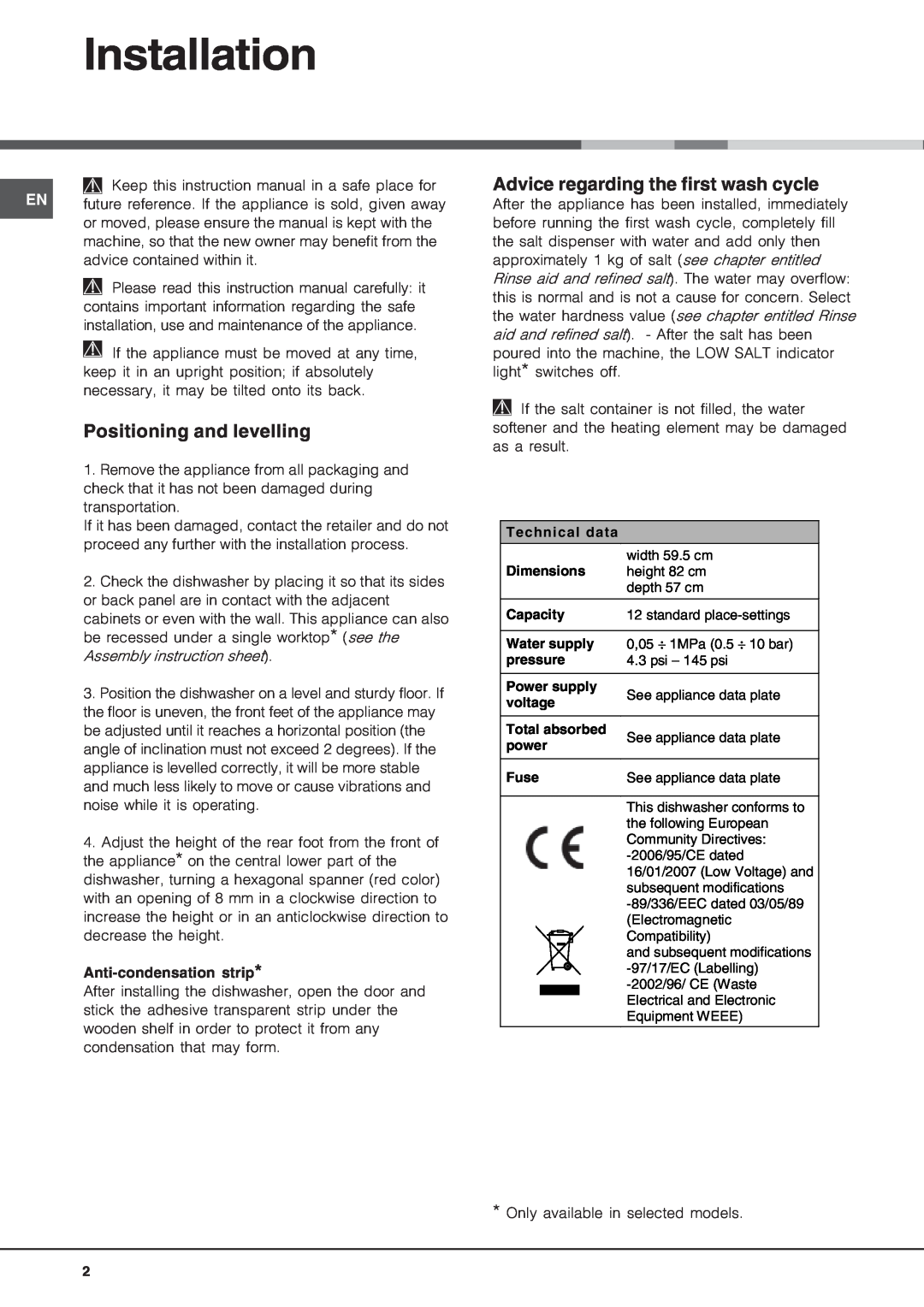 Hotpoint LFT04 manual Installation, Positioning and levelling, Advice regarding the first wash cycle 