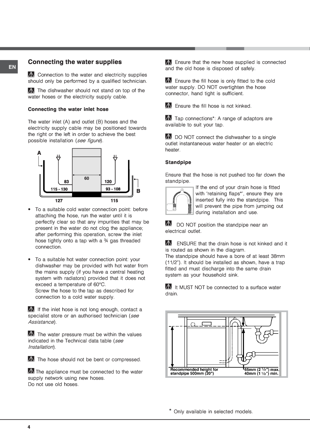 Hotpoint LFT04 manual Connecting the water supplies 