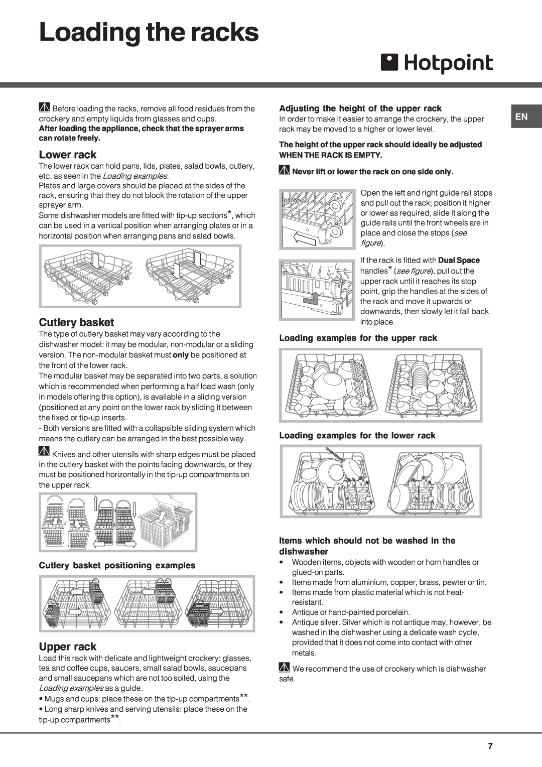 Hotpoint LFT04 manual Loading the racks, Lower rack, Cutlery basket, Upper rack 
