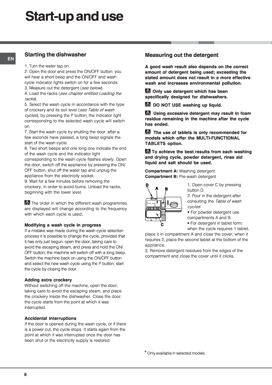 Hotpoint LFT04 manual Start-upand use, Starting the dishwasher, Measuring out the detergent 
