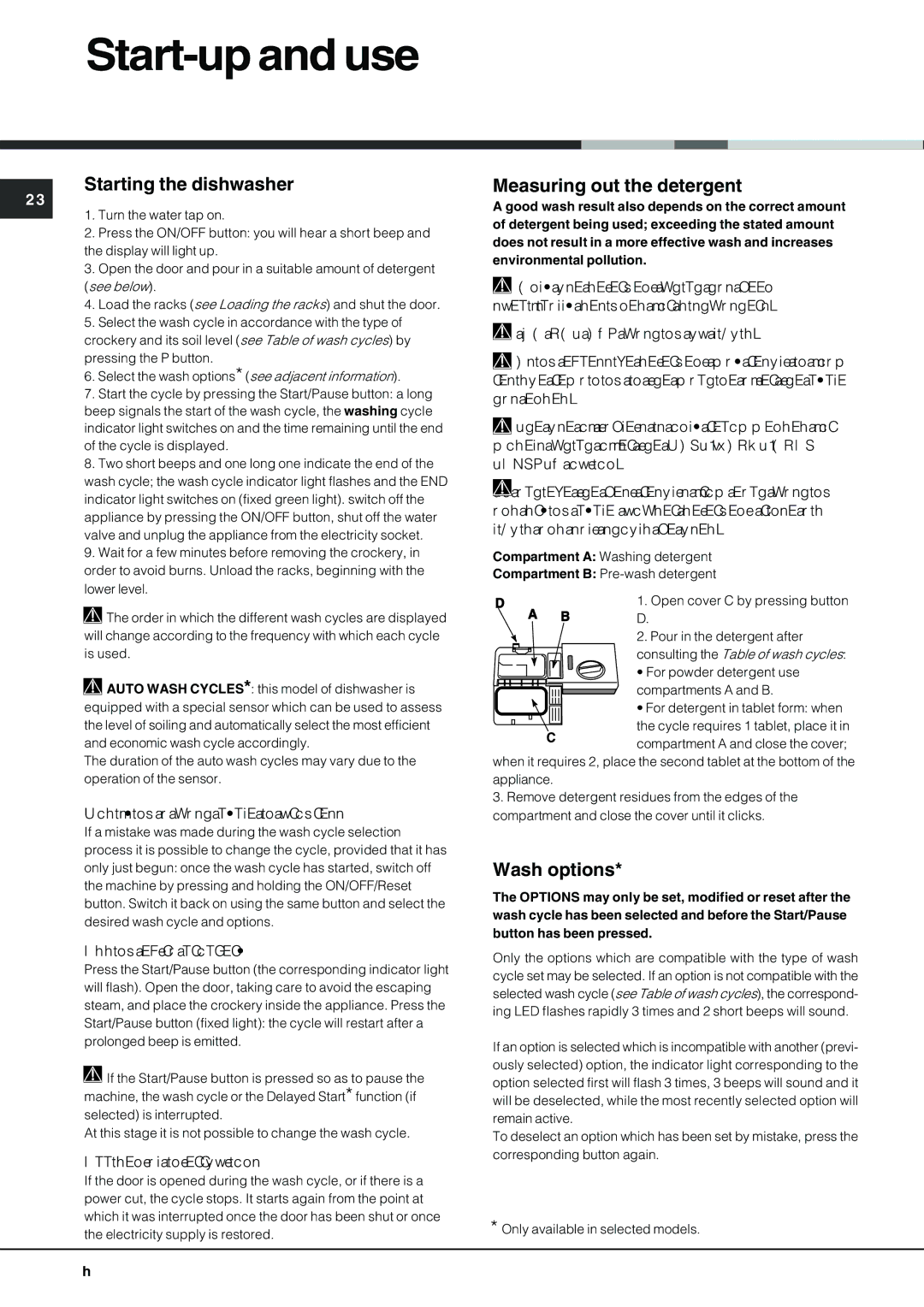 Hotpoint LFZ 338 A/HA IX manual Start-up and use, Starting the dishwasher, Measuring out the detergent, Wash options 