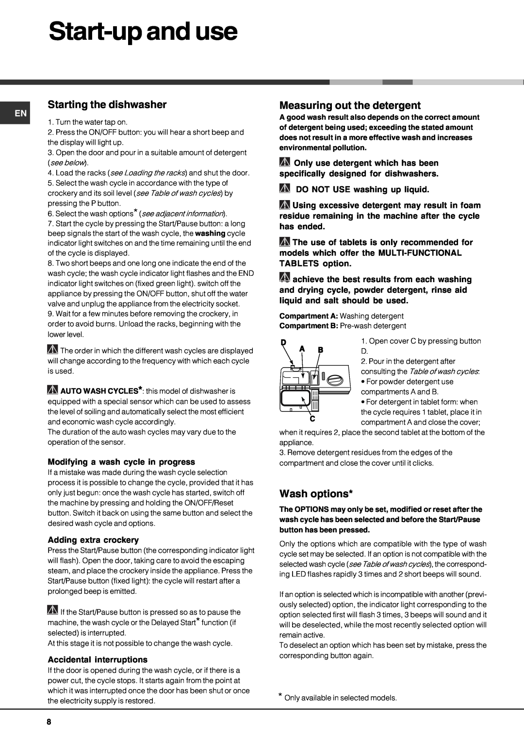 Hotpoint LFZ 338 A/HA IX manual Start-upand use, Starting the dishwasher, Measuring out the detergent, Wash options 