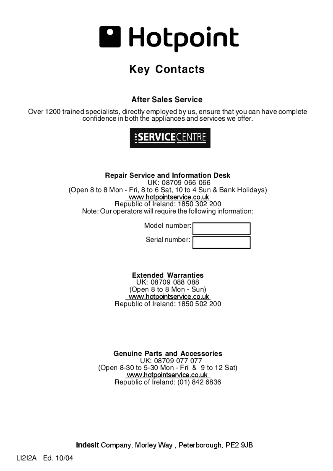 Hotpoint LI2I2A manual Key Contacts, After Sales Service 