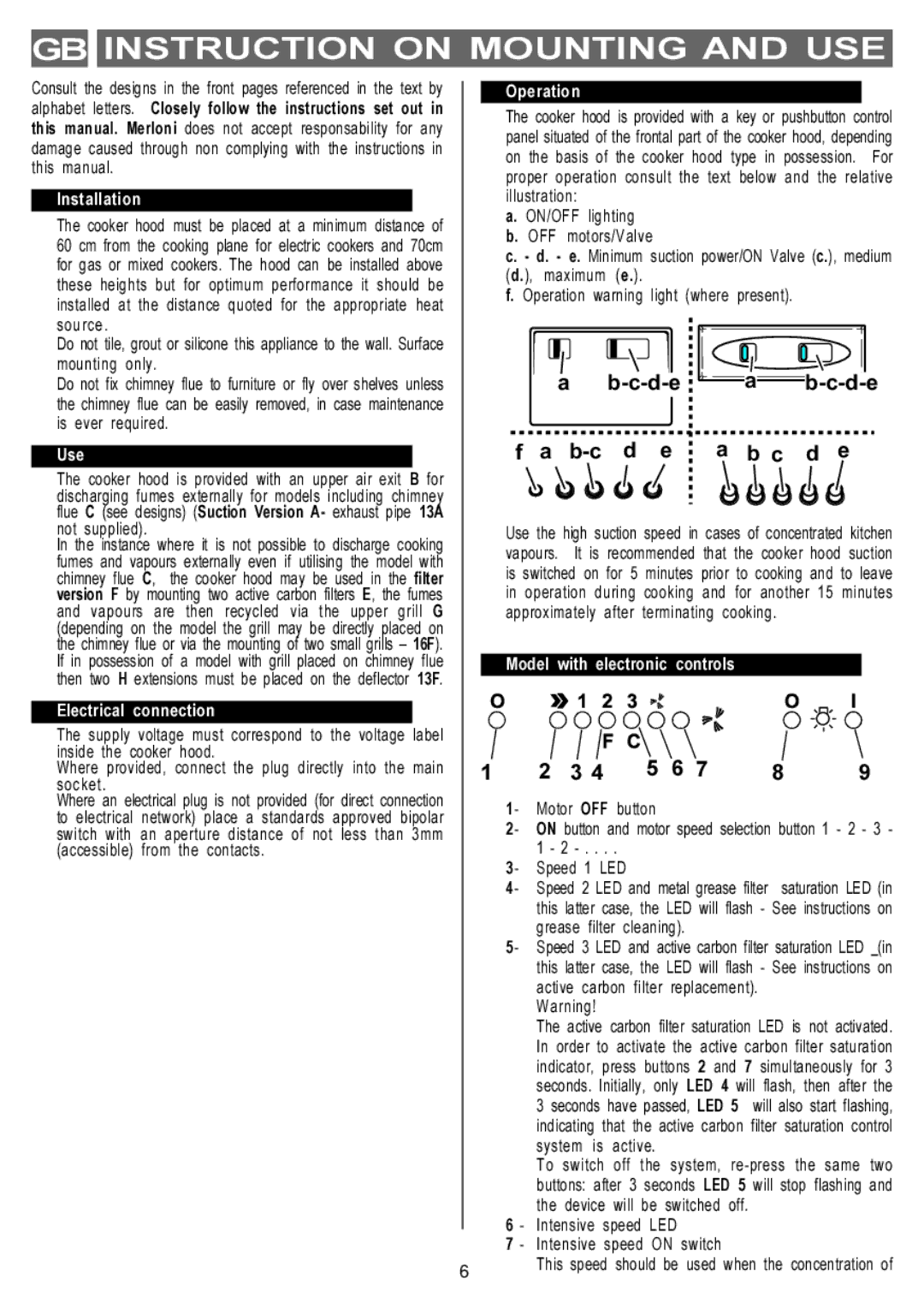 Hotpoint LI2I2A manual GB Instruction on Mounting and USE, D-e C d e B-c d e 