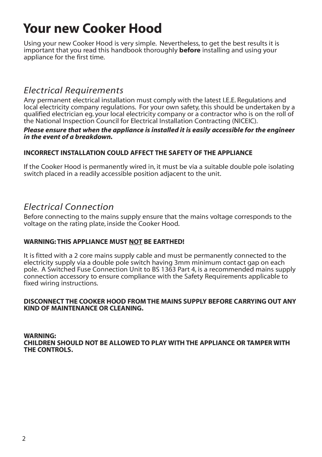 Hotpoint LI2I3A manual Your new Cooker Hood, Electrical Requirements 