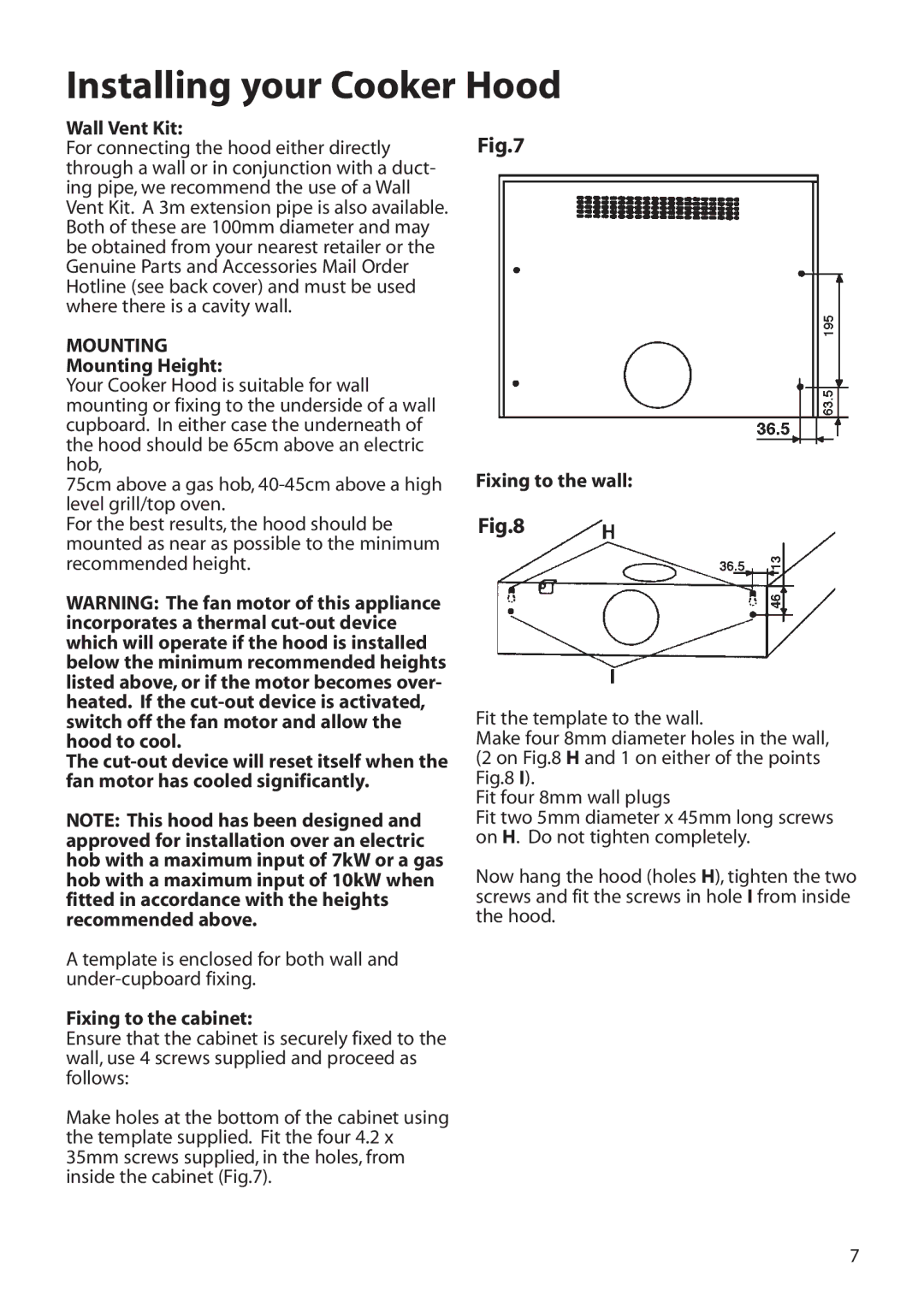 Hotpoint LI2I3A manual Wall Vent Kit, Mounting Height, Fixing to the cabinet, Fixing to the wall 