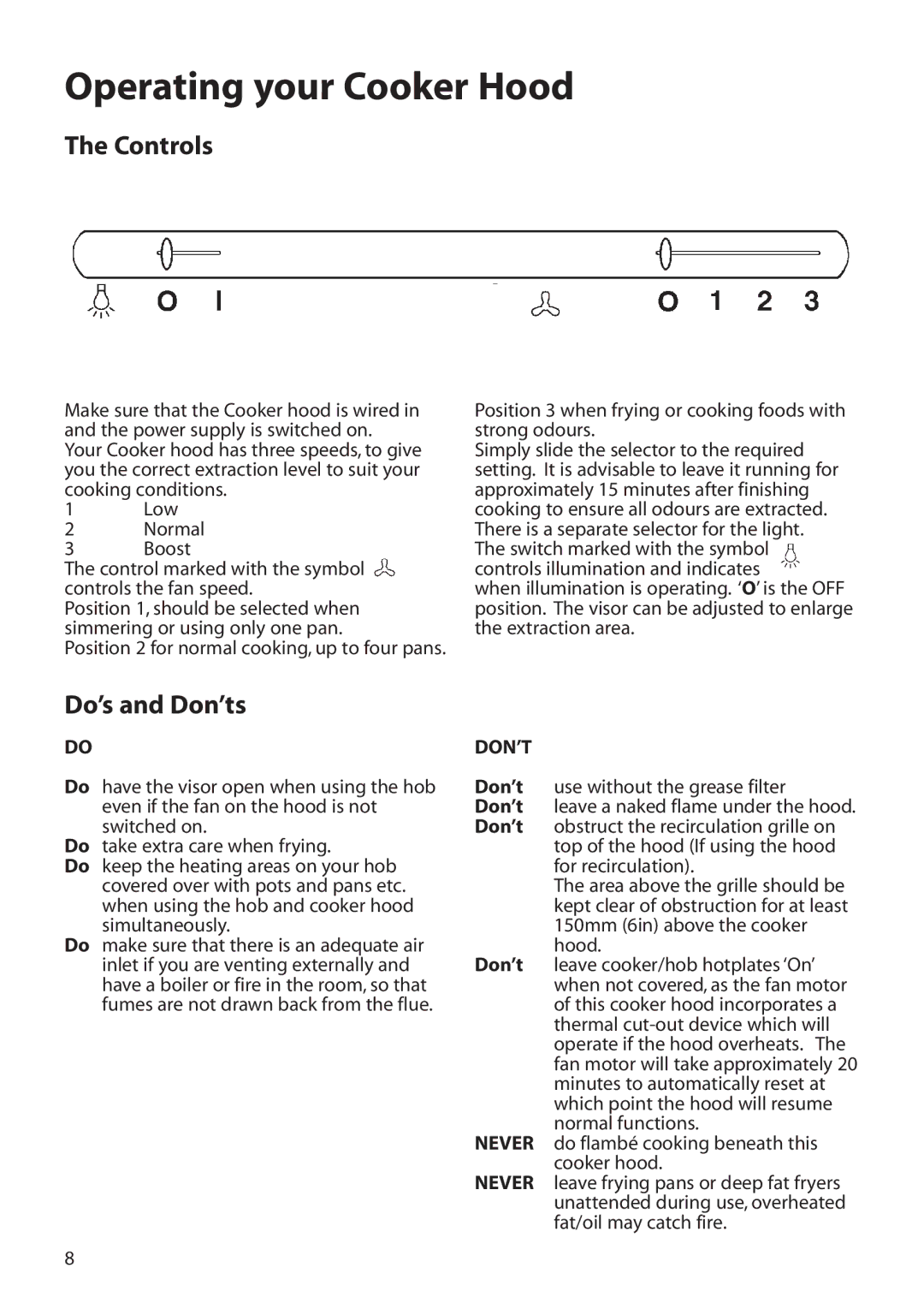 Hotpoint LI2I3A manual Operating your Cooker Hood, Don’t 