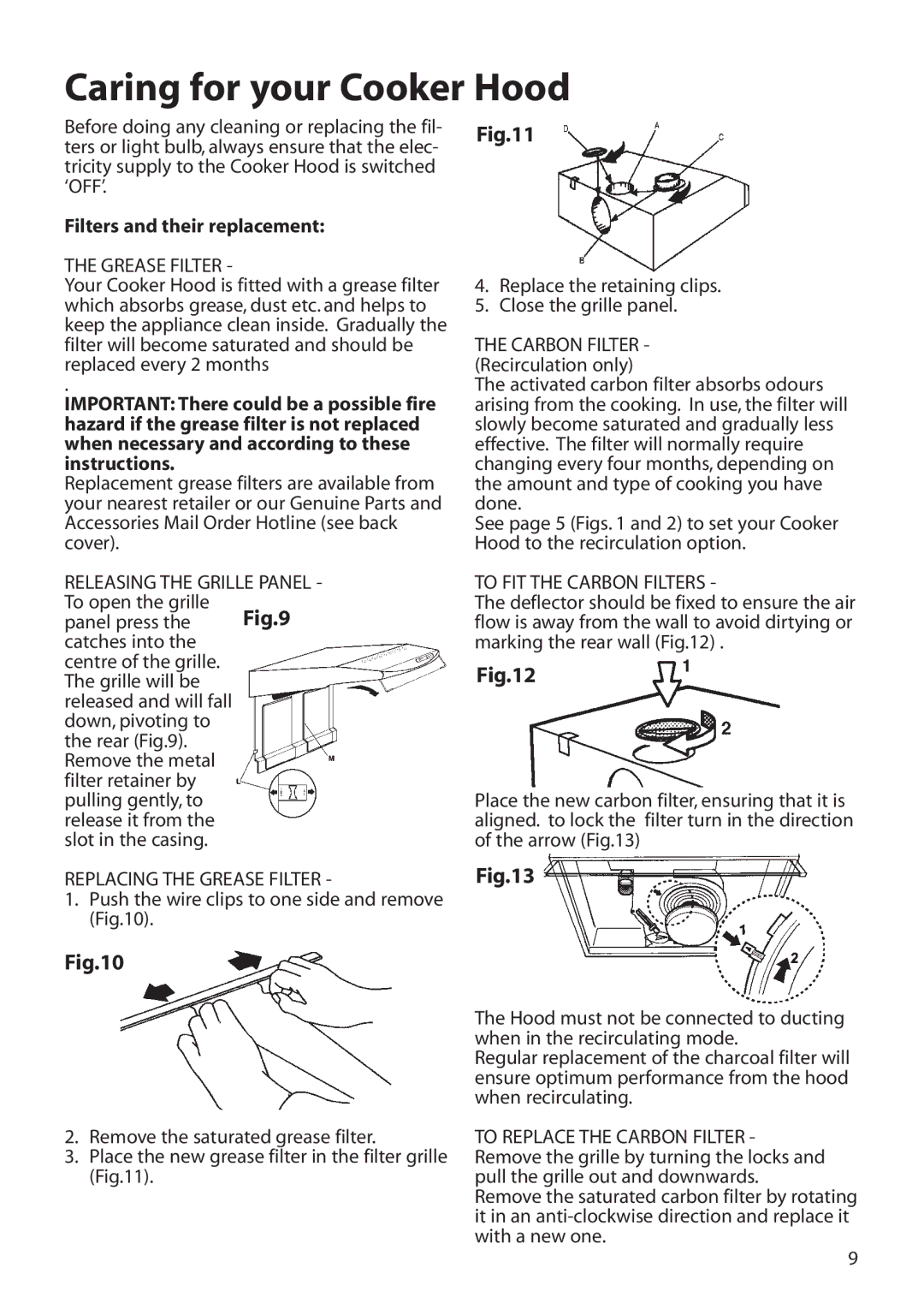 Hotpoint LI2I3A manual Caring for your Cooker Hood, Filters and their replacement 