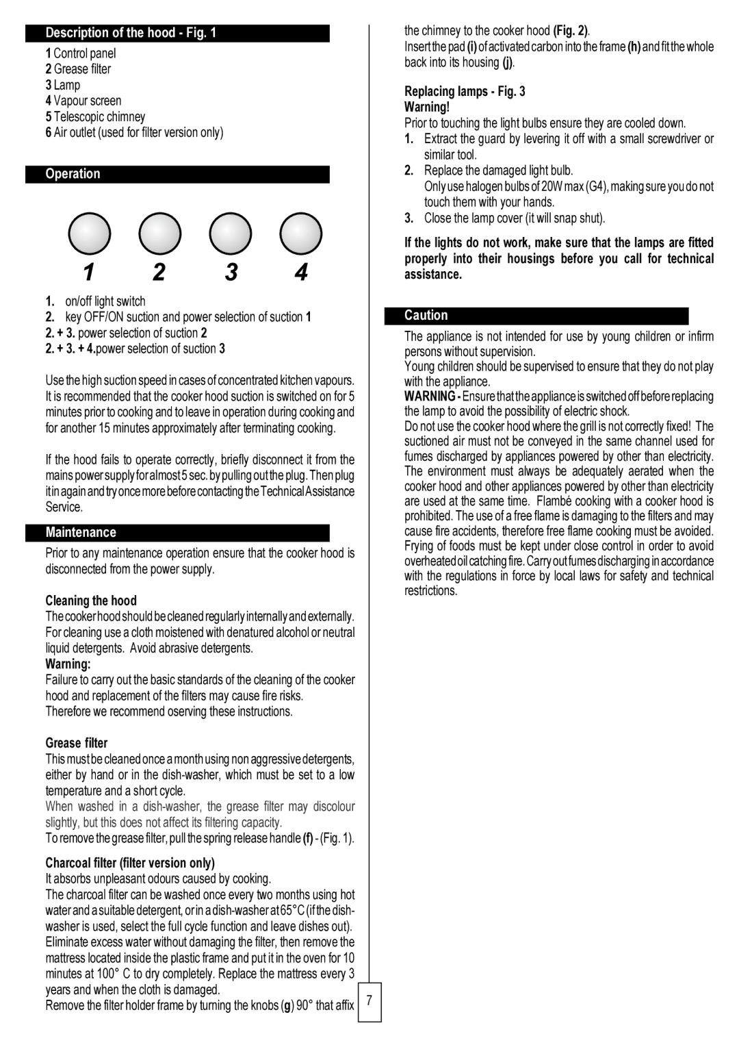 Hotpoint LI2JDA manual Description of the hood Fig, Operation, Maintenance 