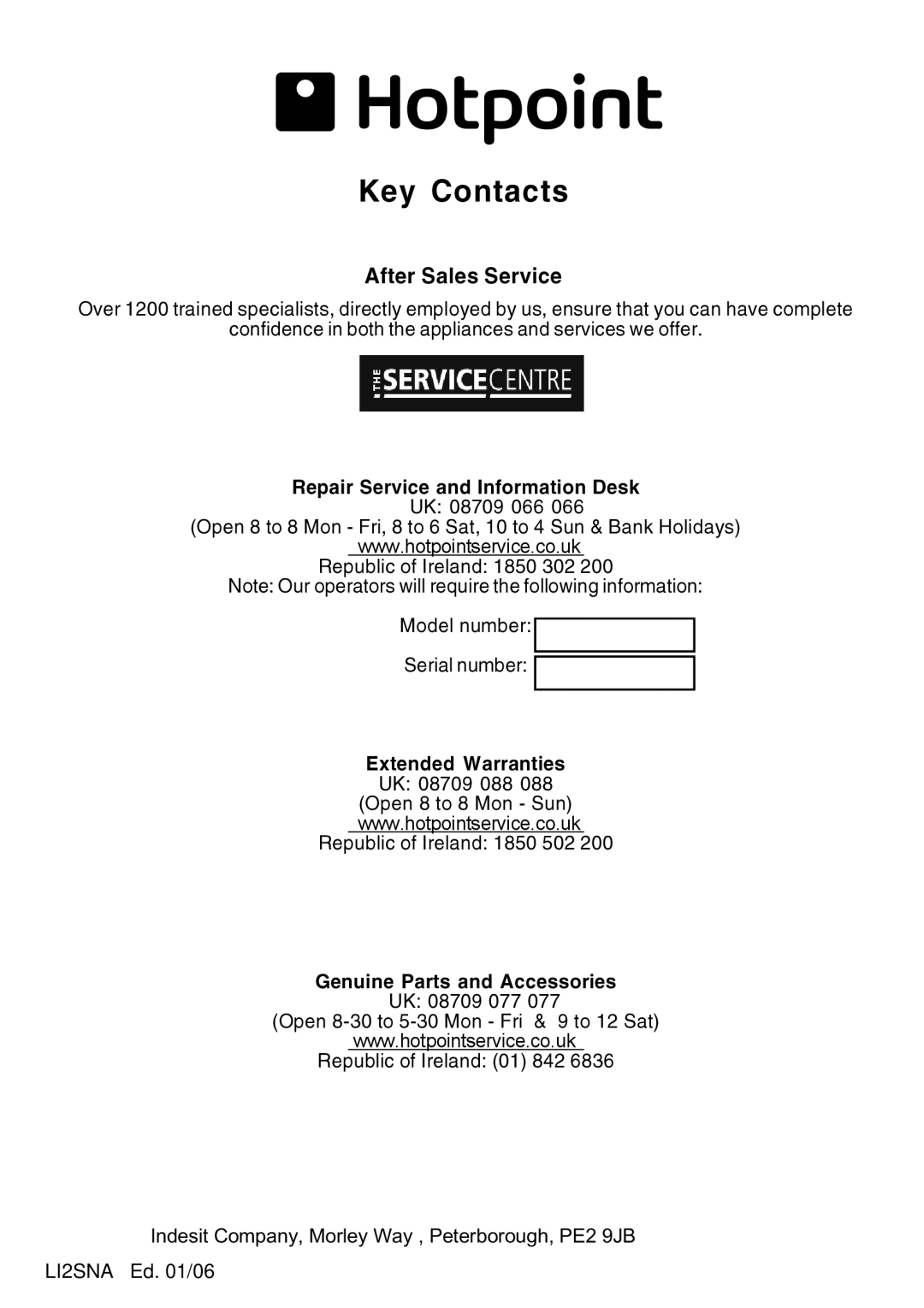 Hotpoint LI2SNA manual Key Contacts 