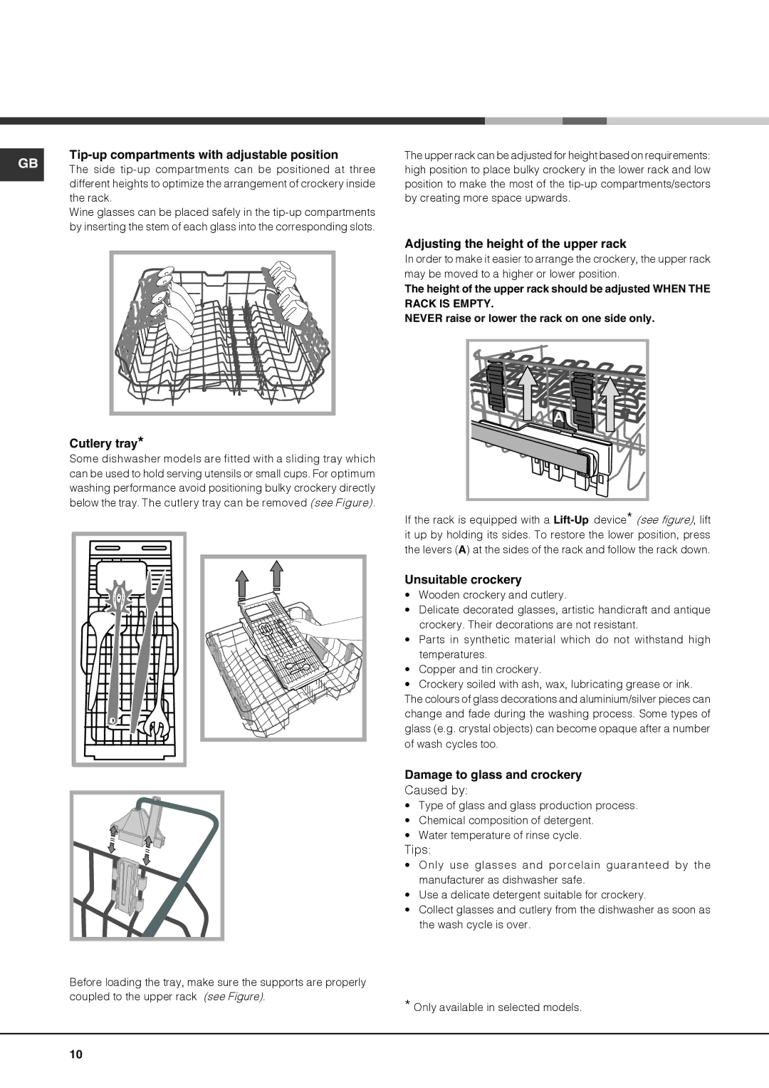 Hotpoint LSB 5B019 Tip-up compartments with adjustable position, Cutlery tray, Adjusting the height of the upper rack 