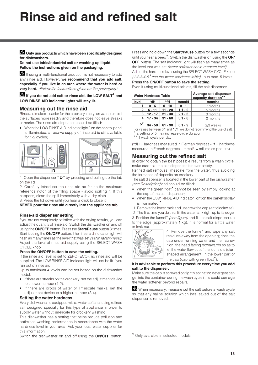 Hotpoint LSB 5B019 manual Rinse aid and refined salt, Measuring out the rinse aid, Measuring out the refined salt 