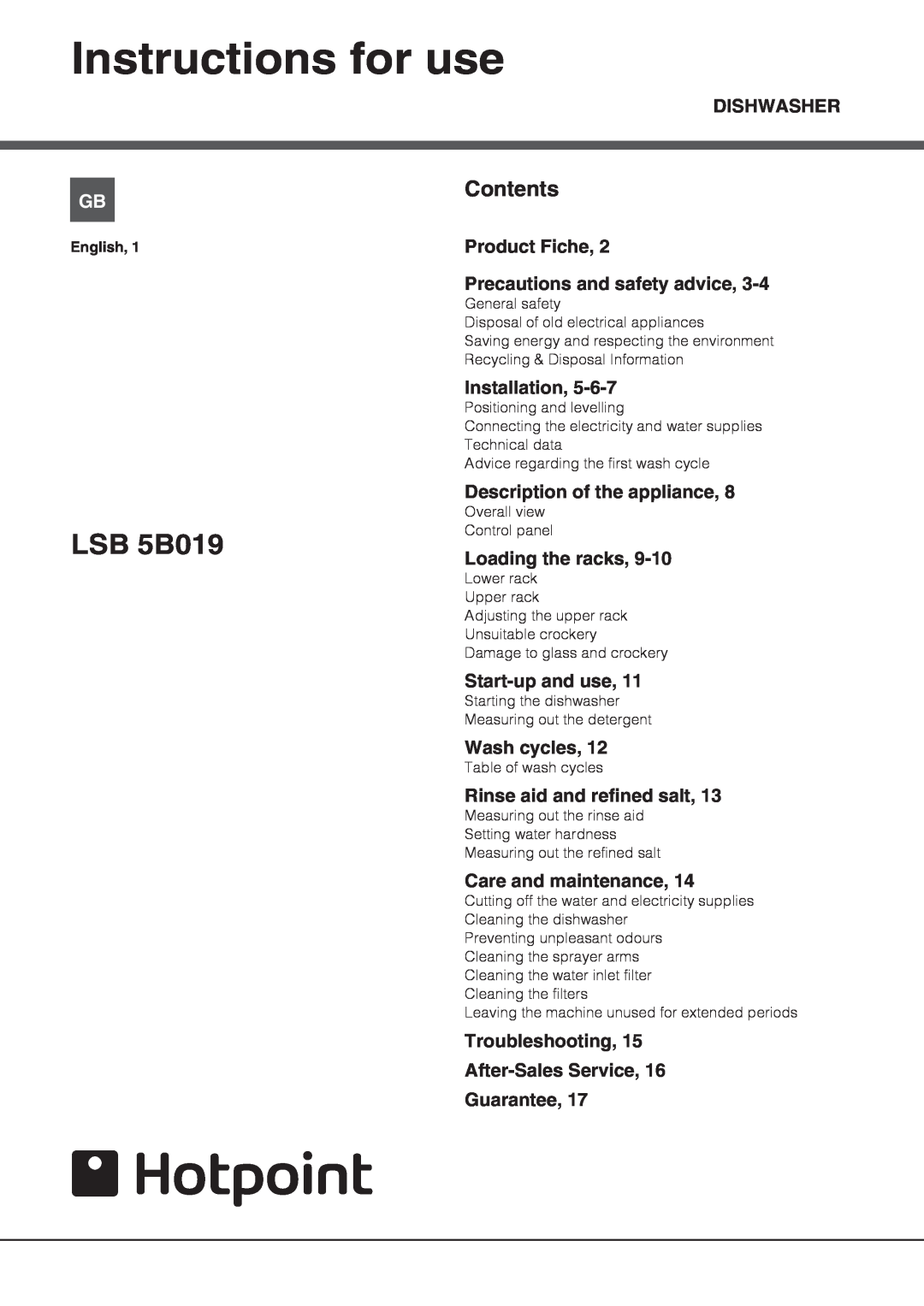 Hotpoint LSB 5B019 manual Instructions for use, Contents 