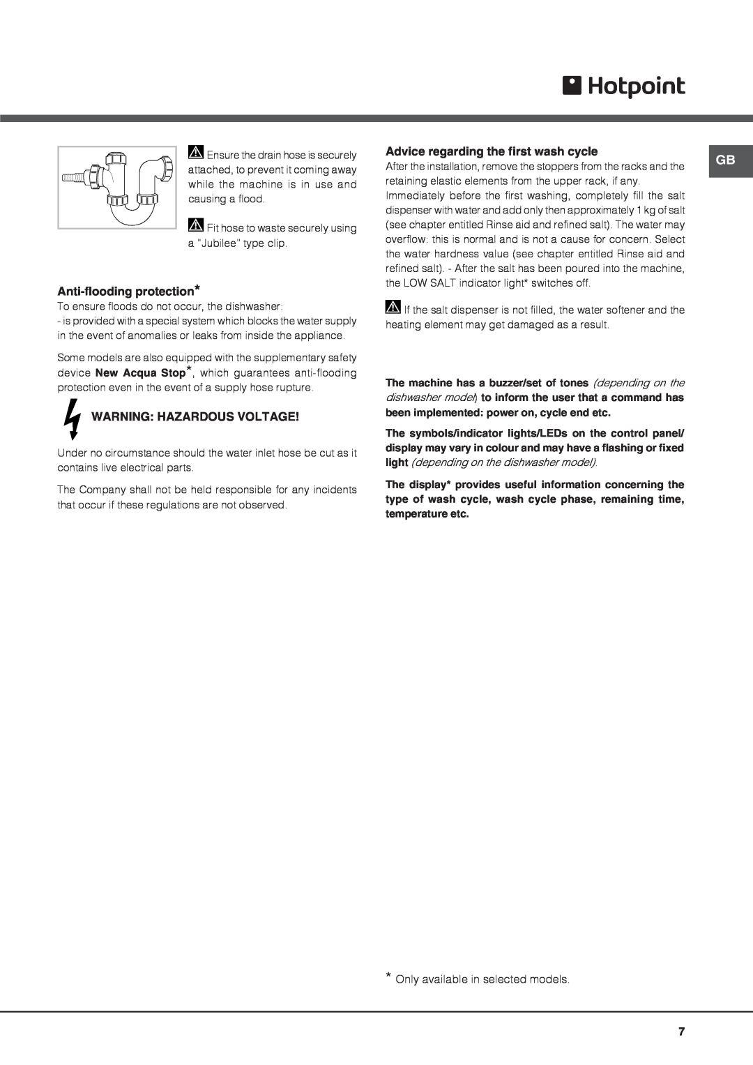Hotpoint LSB 5B019 manual Anti-flooding protection, Warning Hazardous Voltage, Advice regarding the first wash cycle 