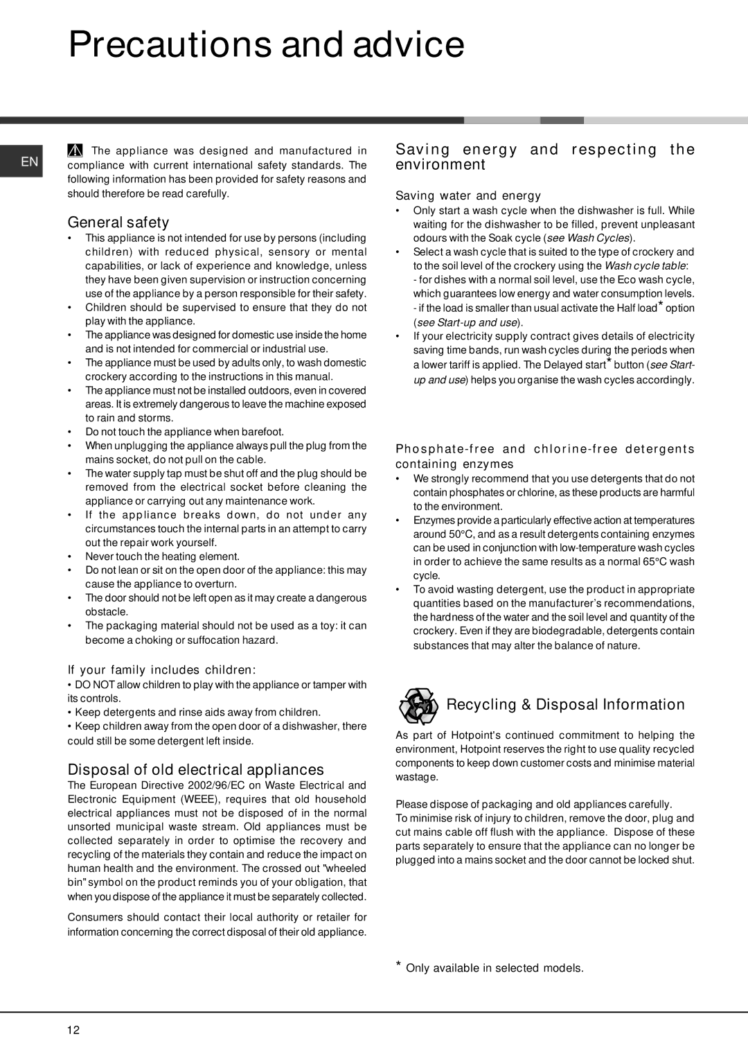 Hotpoint LST 216 manual Precautions and advice, General safety, Saving energy and respecting the environment 