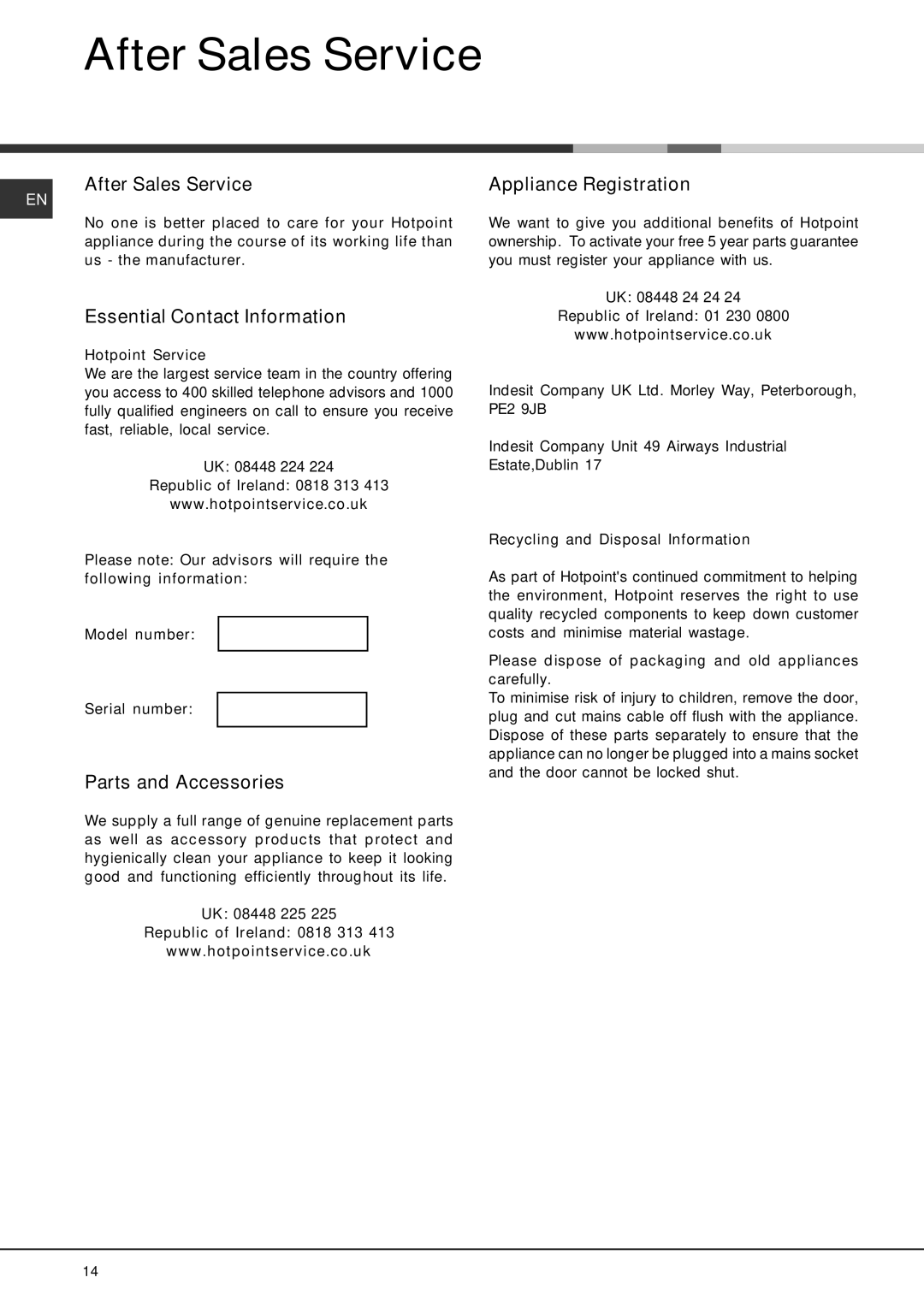 Hotpoint LST 216 manual After Sales Service, Essential Contact Information, Parts and Accessories, Appliance Registration 