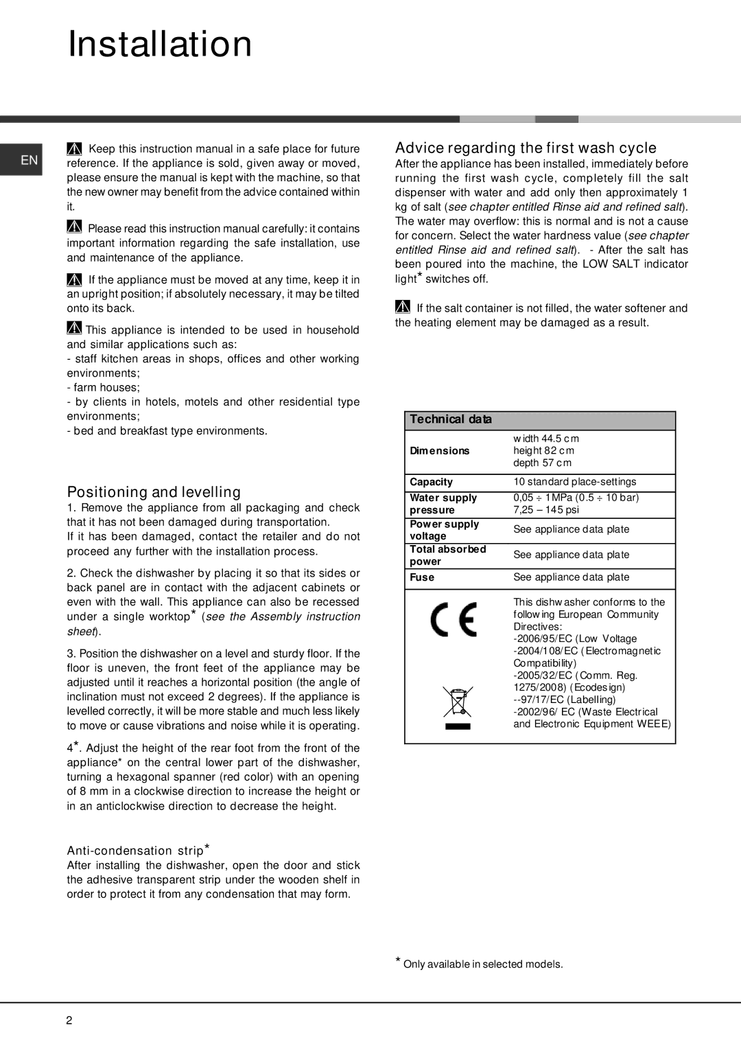 Hotpoint LST 216 Installation, Positioning and levelling, Advice regarding the first wash cycle, Anti-condensation strip 