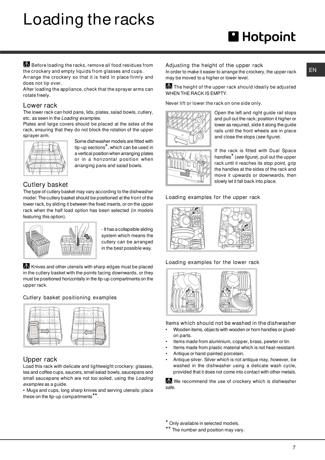 Hotpoint LST 216 manual Loading the racks, Lower rack, Cutlery basket, Upper rack 