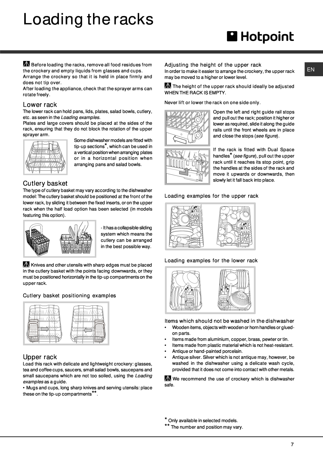 Hotpoint LST 216 manual Loading the racks, Lower rack, Upper rack, Cutlery basket positioning examples 